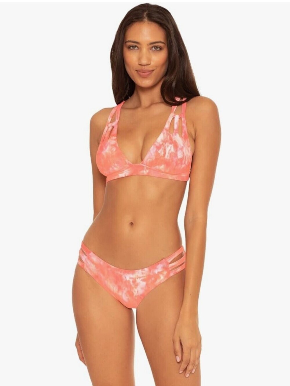 BECCA Coral and Light Pink Ribbed Tie-Dye Bikini Top
